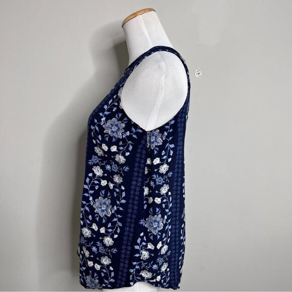 Old Navy Womens Size XS Blue Floral Tank Top Blouse High Neck Keyhole Button - Picture 4 of 9